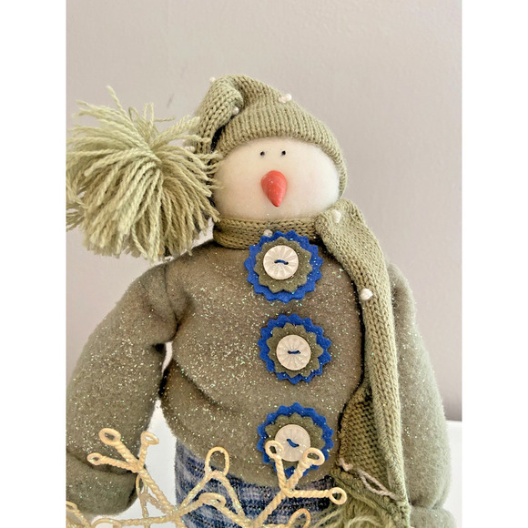 Vintage Blue, White & Green Fabric Snowmen Set With Glitter Snowflake - Picture 6 of 10